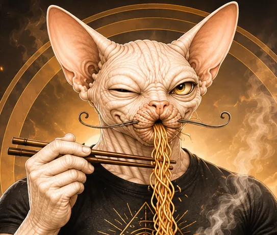 Spynxter eating noodles